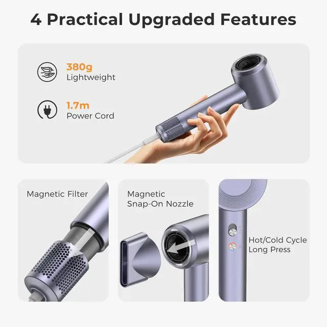 Alt view image 7 of 7 - Hair Dryer, High-Speed Ionic Blow Dryer, Diffuser&Concentrator, Lavender | 1600W, 110,000 RPM , 200M Negative Ions, 8 Modes & 2 Airspeeds, Low Noise,anti-Fizz, Lightweight, Blow Dryer for Women/Travel