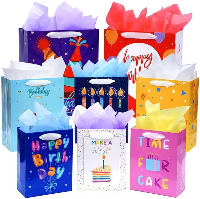 Main image of 8 Pack Birthday Gift Bags Assorted Sizes with Tissue Paper | 2 Extra Large 15", 3 Large 13",3 Medium 9", with Ribbon Handles, 300GSM Cardboard,8 Designs,for Family and Friends