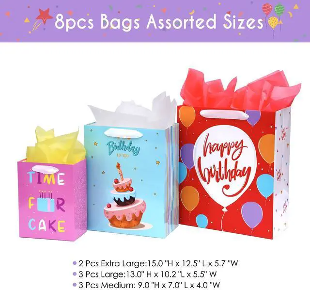 Alt view image 2 of 7 - 8 Pack Birthday Gift Bags Assorted Sizes with Tissue Paper | 2 Extra Large 15", 3 Large 13",3 Medium 9", with Ribbon Handles, 300GSM Cardboard,8 Designs,for Family and Friends