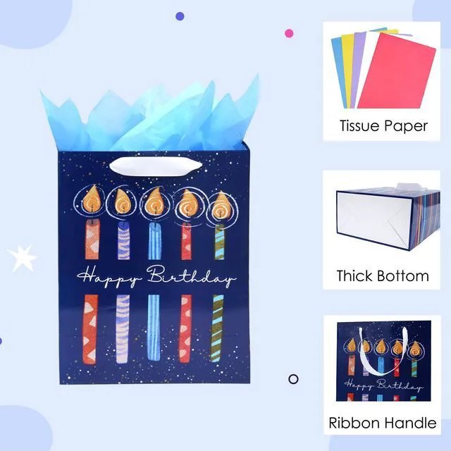 Alt view image 3 of 7 - 8 Pack Birthday Gift Bags Assorted Sizes with Tissue Paper | 2 Extra Large 15", 3 Large 13",3 Medium 9", with Ribbon Handles, 300GSM Cardboard,8 Designs,for Family and Friends