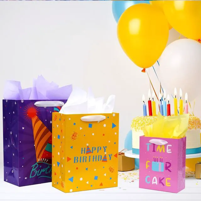 Alt view image 4 of 7 - 8 Pack Birthday Gift Bags Assorted Sizes with Tissue Paper | 2 Extra Large 15", 3 Large 13",3 Medium 9", with Ribbon Handles, 300GSM Cardboard,8 Designs,for Family and Friends