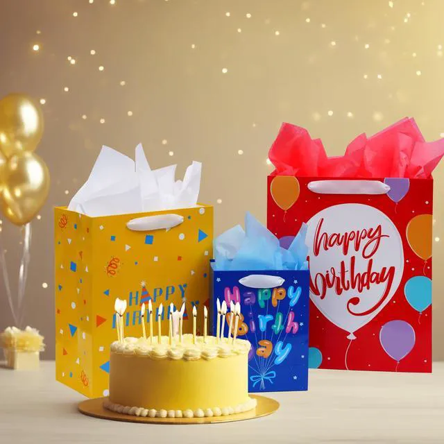 Alt view image 6 of 7 - 8 Pack Birthday Gift Bags Assorted Sizes with Tissue Paper | 2 Extra Large 15", 3 Large 13",3 Medium 9", with Ribbon Handles, 300GSM Cardboard,8 Designs,for Family and Friends