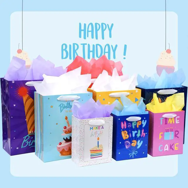 Alt view image 7 of 7 - 8 Pack Birthday Gift Bags Assorted Sizes with Tissue Paper | 2 Extra Large 15", 3 Large 13",3 Medium 9", with Ribbon Handles, 300GSM Cardboard,8 Designs,for Family and Friends