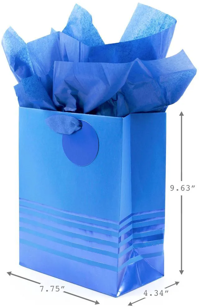 Alt view image 3 of 6 - 9" Medium Gift Bag with Tissue Paper (Blue Foil Stripes) | Two-Tone Blue Metallic Stripes, Blue Ribbon Handle and Foil Gift Tag, Great for Birthdays, Hanukkah, Christmas, Fathers Day