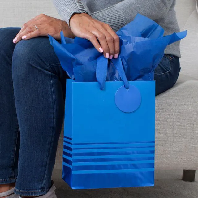 Alt view image 2 of 6 - 9" Medium Gift Bag with Tissue Paper (Blue Foil Stripes) | Two-Tone Blue Metallic Stripes, Blue Ribbon Handle and Foil Gift Tag, Great for Birthdays, Hanukkah, Christmas, Fathers Day