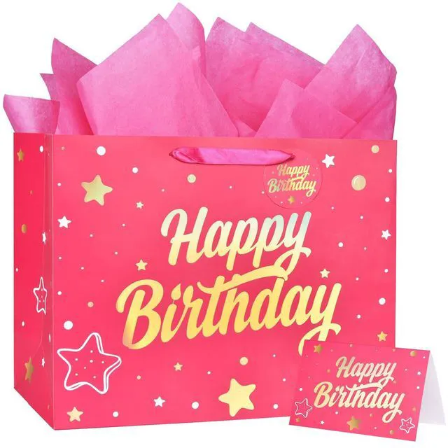 Main image of 14'' Large Gift Bag Gold Foil Happy Birthday Party Bag with Tissue Paper, Card, Envelope, Gift Tag for Birthday