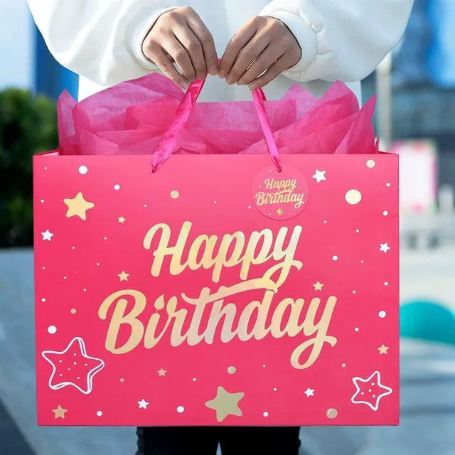 Alt view image 2 of 6 - 14'' Large Gift Bag Gold Foil Happy Birthday Party Bag with Tissue Paper, Card, Envelope, Gift Tag for Birthday