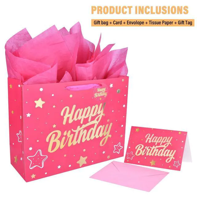 Alt view image 3 of 6 - 14'' Large Gift Bag Gold Foil Happy Birthday Party Bag with Tissue Paper, Card, Envelope, Gift Tag for Birthday
