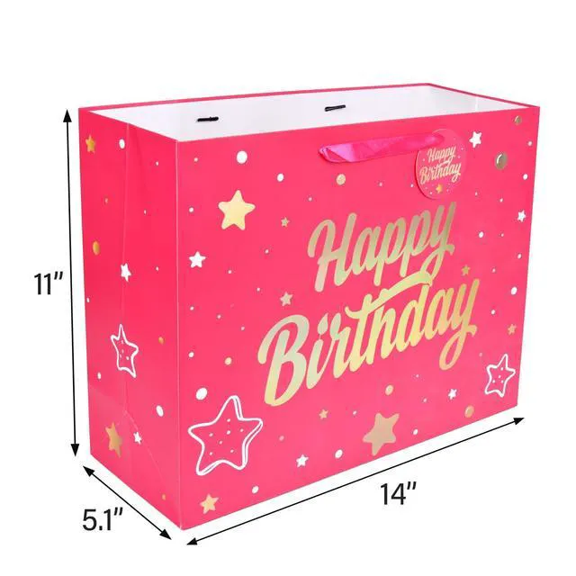 Alt view image 5 of 6 - 14'' Large Gift Bag Gold Foil Happy Birthday Party Bag with Tissue Paper, Card, Envelope, Gift Tag for Birthday