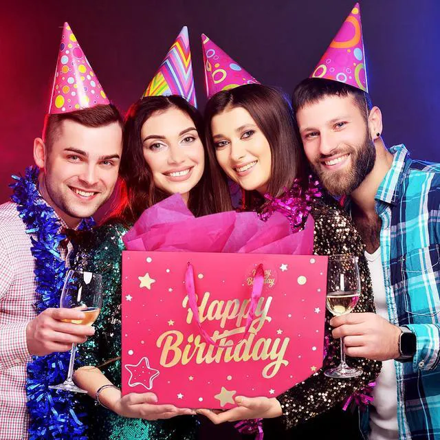 Alt view image 6 of 6 - 14'' Large Gift Bag Gold Foil Happy Birthday Party Bag with Tissue Paper, Card, Envelope, Gift Tag for Birthday