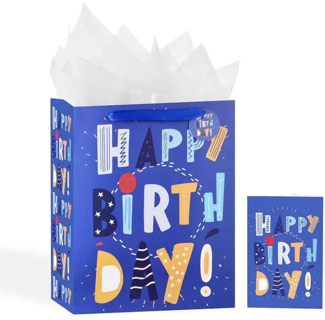 Main image of 13" Birthday Bag with Tissue Paper & Card(1 Pack Cartoon Blue) | Happy Birthday Gift Bag for Men Women,Gift Bags Medium size, Cartoon Bags