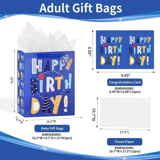 Alt view image 2 of 6 - 13" Birthday Bag with Tissue Paper & Card(1 Pack Cartoon Blue) | Happy Birthday Gift Bag for Men Women,Gift Bags Medium size, Cartoon Bags