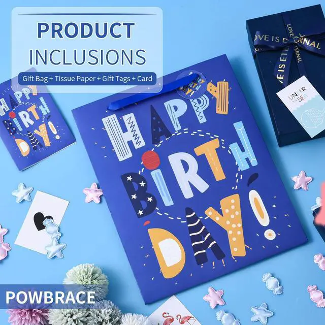 Alt view image 4 of 6 - 13" Birthday Bag with Tissue Paper & Card(1 Pack Cartoon Blue) | Happy Birthday Gift Bag for Men Women,Gift Bags Medium size, Cartoon Bags