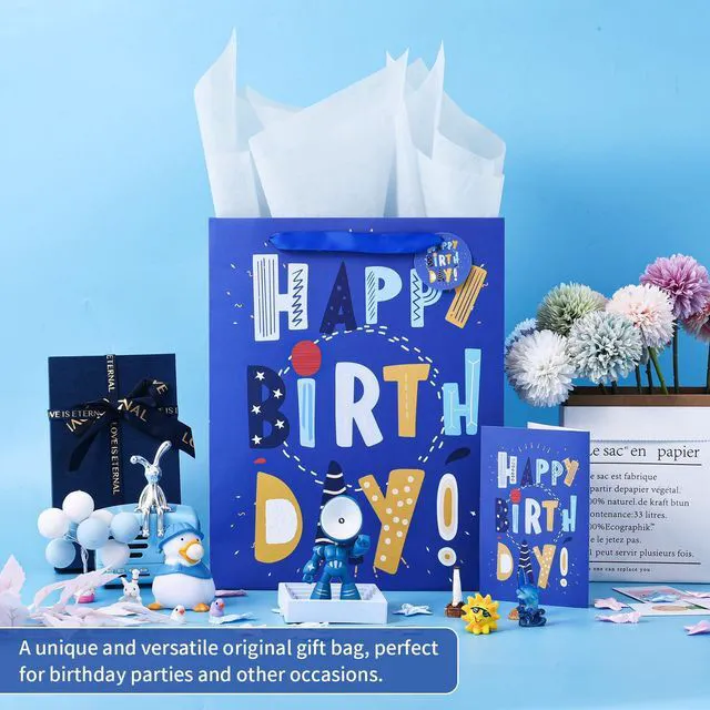Alt view image 5 of 6 - 13" Birthday Bag with Tissue Paper & Card(1 Pack Cartoon Blue) | Happy Birthday Gift Bag for Men Women,Gift Bags Medium size, Cartoon Bags