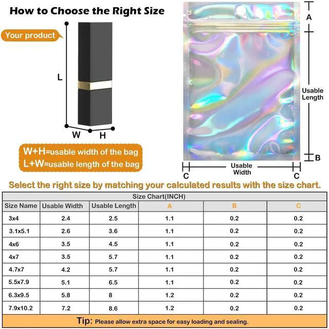 Alt view image 2 of 7 - 100 Pack Resealable Holographic Bags for Small Business (3 X 4 inches) | Iridescent Mylar Bags with Clear Front and Hanging Hole Smell-Proof Foil Pouches for Multipurpose Storage