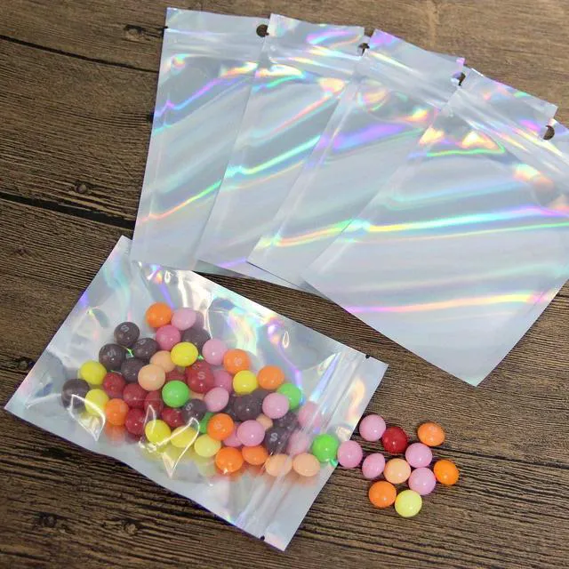 Alt view image 4 of 7 - 100 Pack Resealable Holographic Bags for Small Business (3 X 4 inches) | Iridescent Mylar Bags with Clear Front and Hanging Hole Smell-Proof Foil Pouches for Multipurpose Storage
