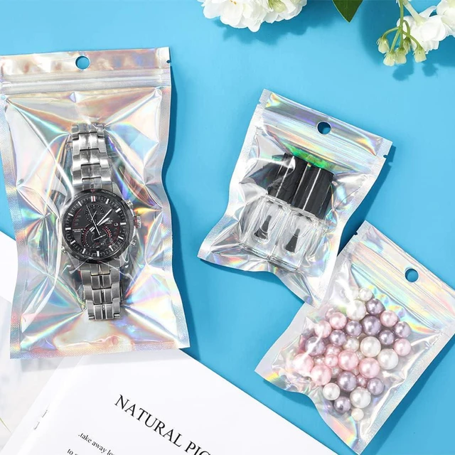 Alt view image 6 of 7 - 100 Pack Resealable Holographic Bags for Small Business (3 X 4 inches) | Iridescent Mylar Bags with Clear Front and Hanging Hole Smell-Proof Foil Pouches for Multipurpose Storage