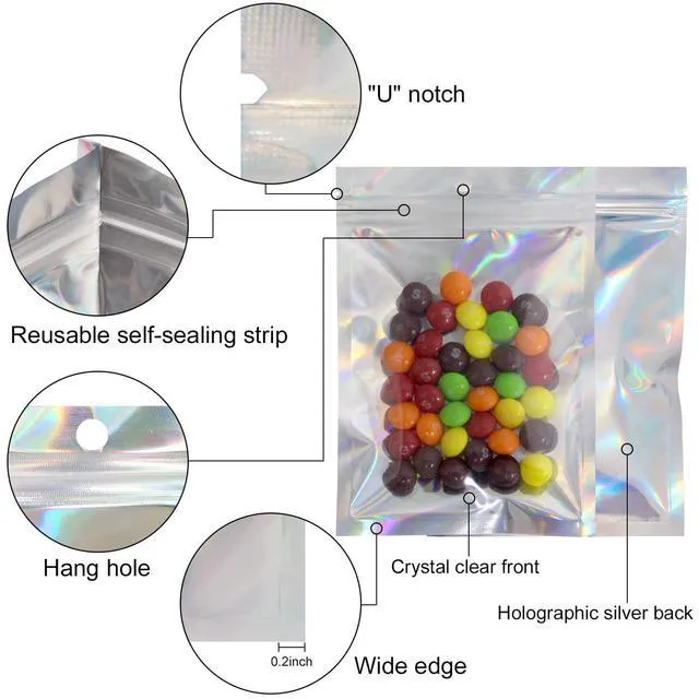Alt view image 5 of 7 - 100 Pack Resealable Holographic Bags for Small Business (3 X 4 inches) | Iridescent Mylar Bags with Clear Front and Hanging Hole Smell-Proof Foil Pouches for Multipurpose Storage