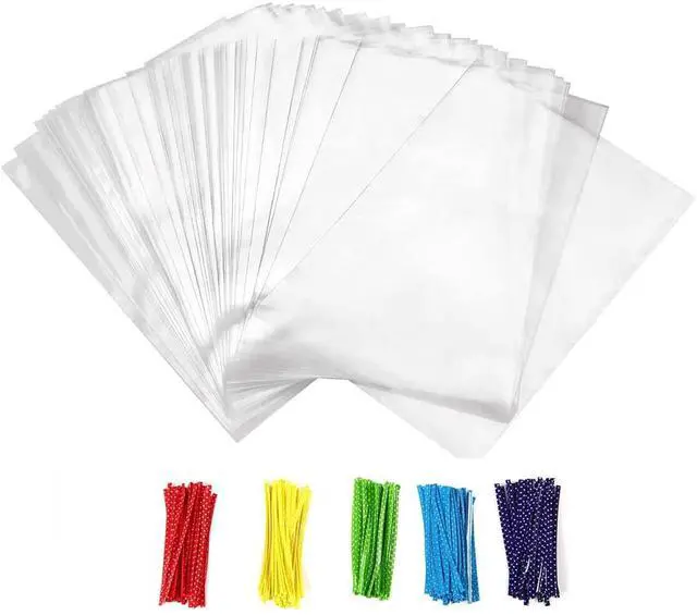 Main image of Small Cellophane Bags, Clear Gift Treat Bags for Candy, Cake Pops, Goodies & Party Favors with 4'' Ties, 100PCS (4'' x 6'')