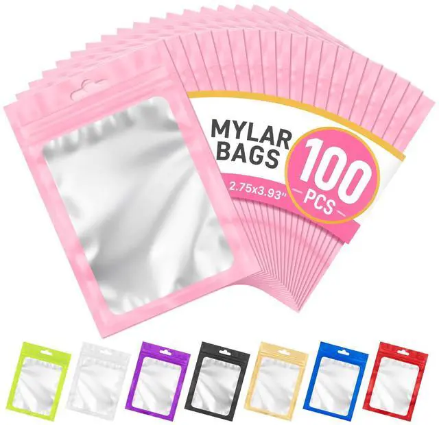 Main image of 100PCS Mylar Bags Resealable Pink Small Smell Proof Bags 2.75x3.93 | Sealable Packaging Bags Frosted Clear Window, Plastic Foil Zip Pouch Bags for Small Business Candy Treat Jewelry Food Storage