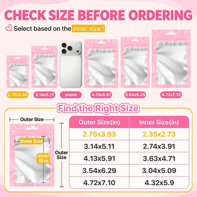 Alt view image 2 of 7 - 100PCS Mylar Bags Resealable Pink Small Smell Proof Bags 2.75x3.93 | Sealable Packaging Bags Frosted Clear Window, Plastic Foil Zip Pouch Bags for Small Business Candy Treat Jewelry Food Storage