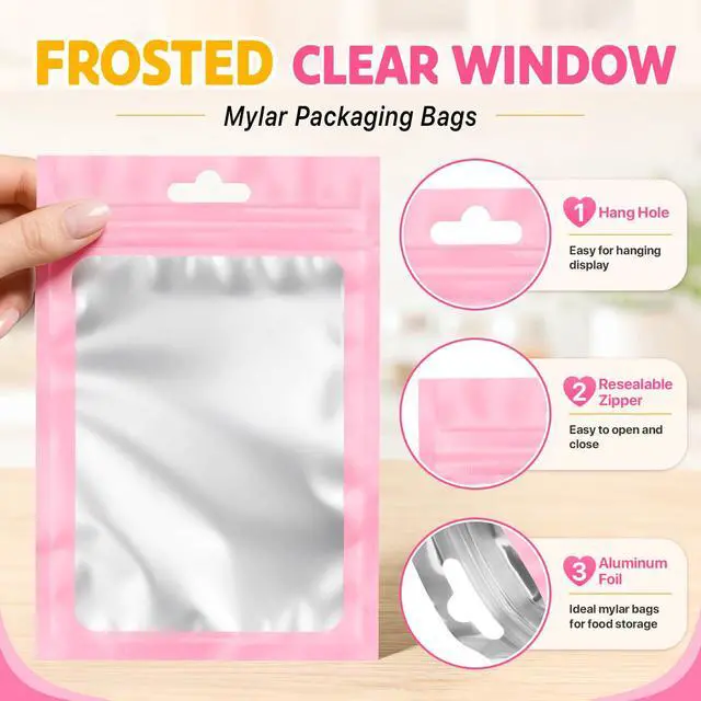 Alt view image 4 of 7 - 100PCS Mylar Bags Resealable Pink Small Smell Proof Bags 2.75x3.93 | Sealable Packaging Bags Frosted Clear Window, Plastic Foil Zip Pouch Bags for Small Business Candy Treat Jewelry Food Storage