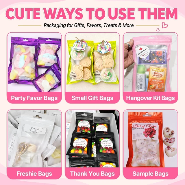 Alt view image 6 of 7 - 100PCS Mylar Bags Resealable Pink Small Smell Proof Bags 2.75x3.93 | Sealable Packaging Bags Frosted Clear Window, Plastic Foil Zip Pouch Bags for Small Business Candy Treat Jewelry Food Storage