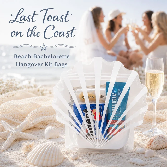 Alt view image 2 of 6 - 15pcs Seashell Shaped Bags for Bachelorette Party Hangover Kit, Resealable Stand Up Pouch Bags, White