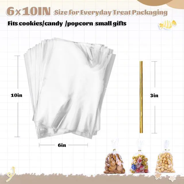 Alt view image 7 of 7 - Cellophane Bags, 100 Pack 6x10 inch With Ties for Pretzel Packs | Use them for pretzel rods, popcorn, cookie stacks, and concession treats that need extra vertical room.