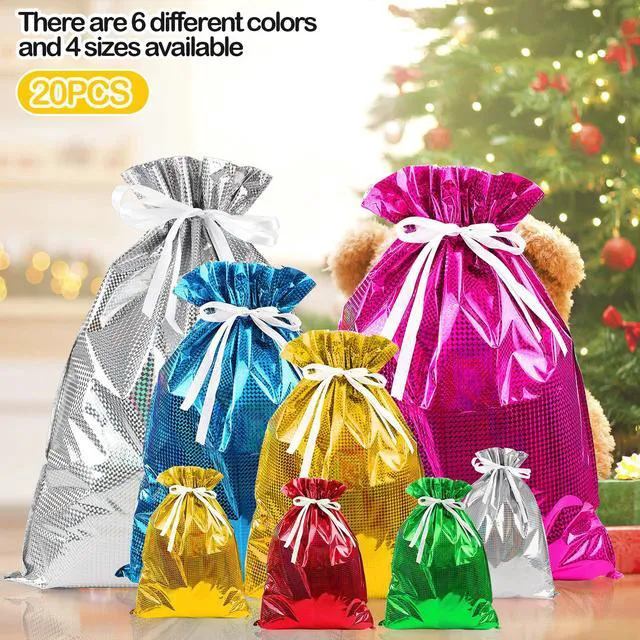 Alt view image 2 of 7 - 20 Pieces Christmas Gift Bags, Drawstring Gift Bags, Christmas Wrapping Bags with Drawstring Ribbons, Gift Bags Assorted Sizes Inserted Tags for Wrapping Holiday