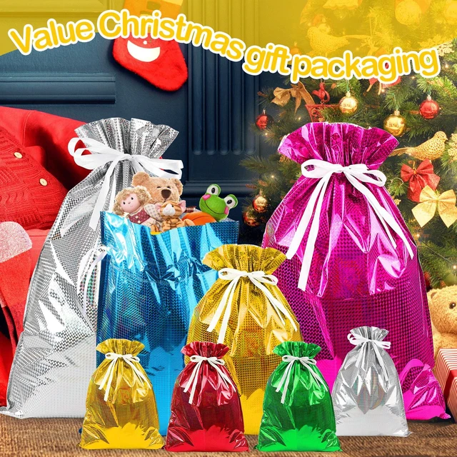 Alt view image 6 of 7 - 20 Pieces Christmas Gift Bags, Drawstring Gift Bags, Christmas Wrapping Bags with Drawstring Ribbons, Gift Bags Assorted Sizes Inserted Tags for Wrapping Holiday