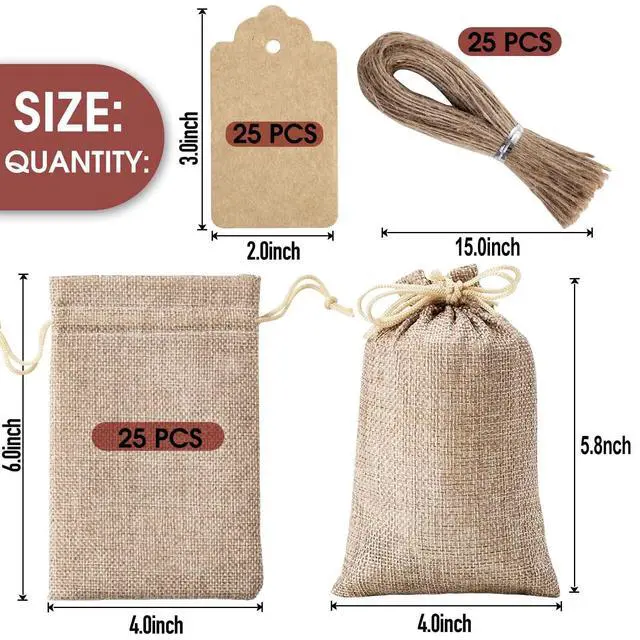 Alt view image 2 of 7 - 25Pcs Premium Burlap Gift Bags with Drawstring and 25Pcs Gift Tags & String, 4x6 Inch Reusable Gift Burlap Linen Sacks Bag for Wedding Favors Party Jewelry Pouches, Christmas, Coffee, DIY Craft