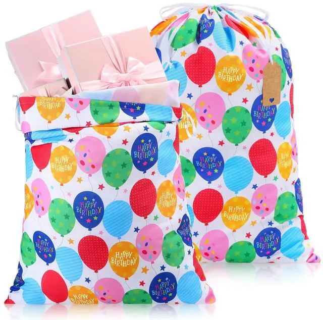 Main image of 2 Pcs Happy Birthday Drawstring Gift Bags 20 x 28 Inch Extra Large Baby Shower Bags Reusable Fabric Colorful Wrapping Pouches for Gender Reveal Supply Decor(Multicolor,Birthday Balloon)