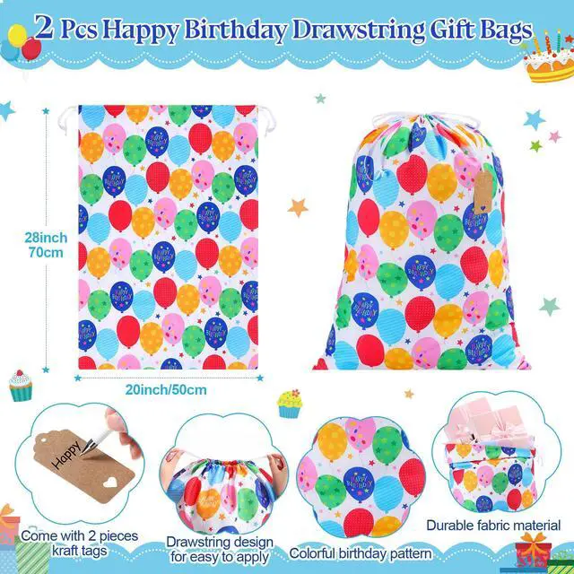 Alt view image 2 of 6 - 2 Pcs Happy Birthday Drawstring Gift Bags 20 x 28 Inch Extra Large Baby Shower Bags Reusable Fabric Colorful Wrapping Pouches for Gender Reveal Supply Decor(Multicolor,Birthday Balloon)
