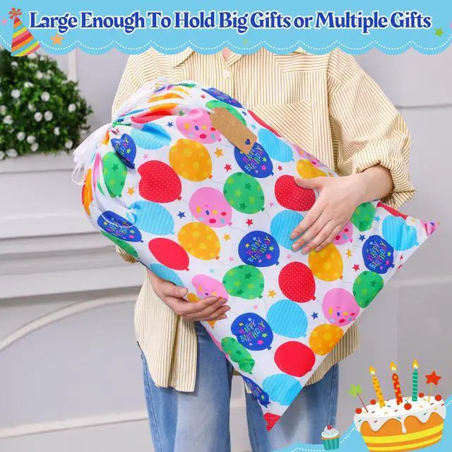 Alt view image 3 of 6 - 2 Pcs Happy Birthday Drawstring Gift Bags 20 x 28 Inch Extra Large Baby Shower Bags Reusable Fabric Colorful Wrapping Pouches for Gender Reveal Supply Decor(Multicolor,Birthday Balloon)