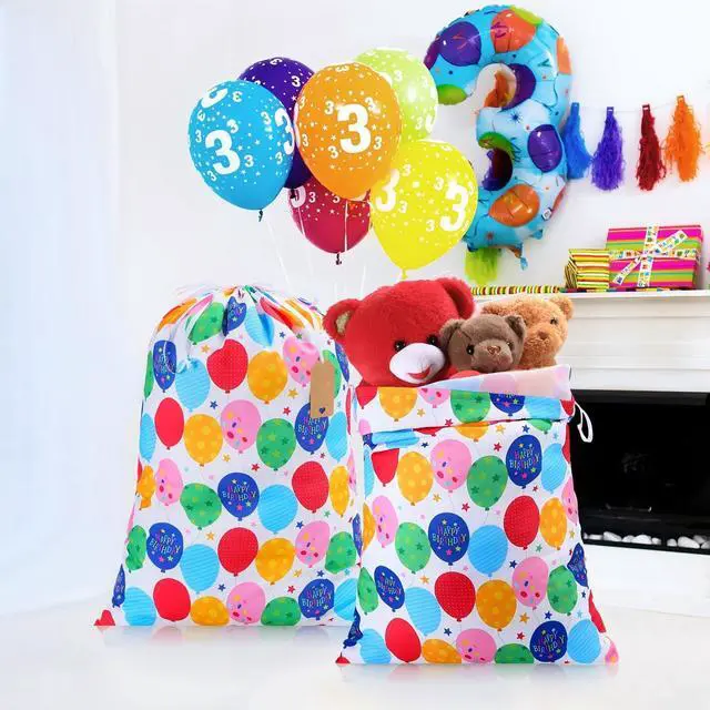 Alt view image 4 of 6 - 2 Pcs Happy Birthday Drawstring Gift Bags 20 x 28 Inch Extra Large Baby Shower Bags Reusable Fabric Colorful Wrapping Pouches for Gender Reveal Supply Decor(Multicolor,Birthday Balloon)