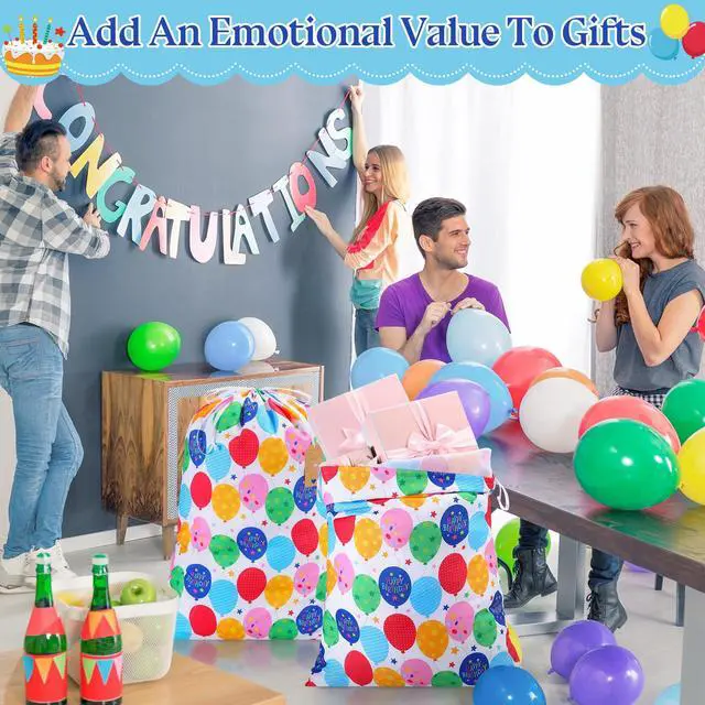 Alt view image 6 of 6 - 2 Pcs Happy Birthday Drawstring Gift Bags 20 x 28 Inch Extra Large Baby Shower Bags Reusable Fabric Colorful Wrapping Pouches for Gender Reveal Supply Decor(Multicolor,Birthday Balloon)