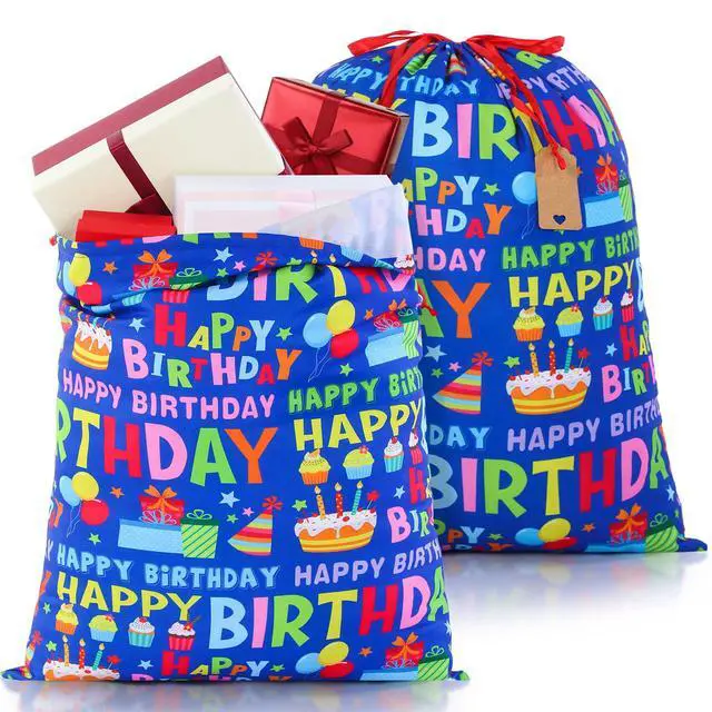 Main image of 2 Pcs Happy Birthday Drawstring Gift Bags 16 x 20 Inch Extra Large Baby Shower Bags Reusable Fabric Colorful Wrapping Pouch for Gender Reveal Supply Decor(Blue Birthday, Dark Blue)