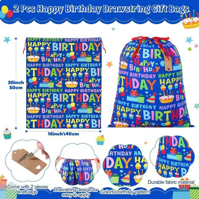 Alt view image 2 of 6 - 2 Pcs Happy Birthday Drawstring Gift Bags 16 x 20 Inch Extra Large Baby Shower Bags Reusable Fabric Colorful Wrapping Pouch for Gender Reveal Supply Decor(Blue Birthday, Dark Blue)