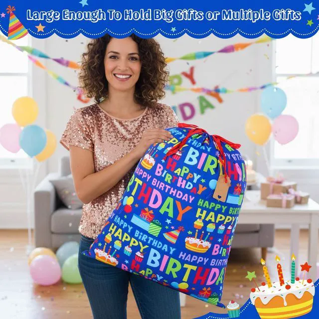 Alt view image 3 of 6 - 2 Pcs Happy Birthday Drawstring Gift Bags 16 x 20 Inch Extra Large Baby Shower Bags Reusable Fabric Colorful Wrapping Pouch for Gender Reveal Supply Decor(Blue Birthday, Dark Blue)