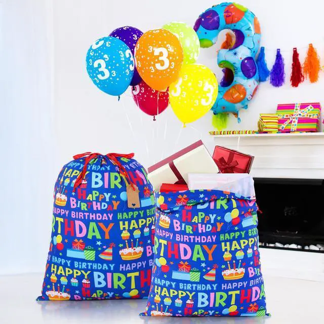 Alt view image 4 of 6 - 2 Pcs Happy Birthday Drawstring Gift Bags 16 x 20 Inch Extra Large Baby Shower Bags Reusable Fabric Colorful Wrapping Pouch for Gender Reveal Supply Decor(Blue Birthday, Dark Blue)