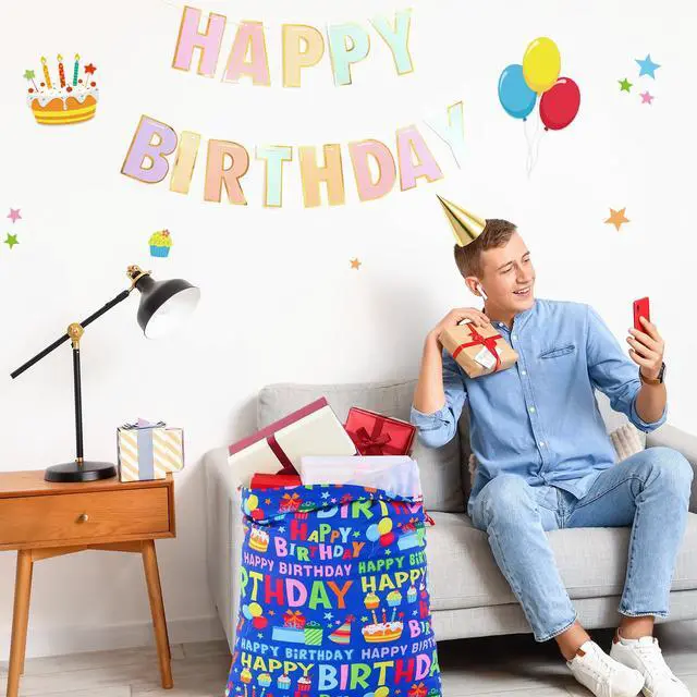 Alt view image 6 of 6 - 2 Pcs Happy Birthday Drawstring Gift Bags 16 x 20 Inch Extra Large Baby Shower Bags Reusable Fabric Colorful Wrapping Pouch for Gender Reveal Supply Decor(Blue Birthday, Dark Blue)