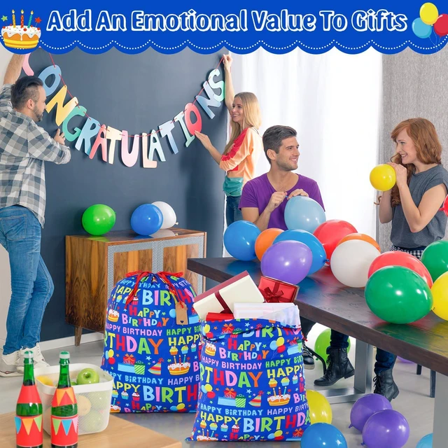 Alt view image 5 of 6 - 2 Pcs Happy Birthday Drawstring Gift Bags 16 x 20 Inch Extra Large Baby Shower Bags Reusable Fabric Colorful Wrapping Pouch for Gender Reveal Supply Decor(Blue Birthday, Dark Blue)