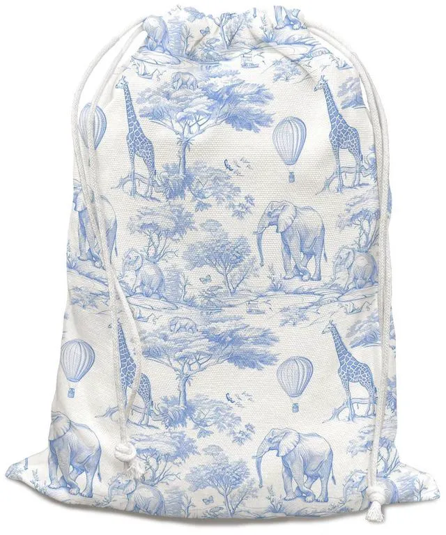 Main image of Blue Chinoiserie Safari Toile Birthday Drawstring Gift Bags, Safari Toile Resuable Baby Shower Drawstring Gift Bags Canvas, Blue and White Small Happy Birthday Bag, 10x13 Inch