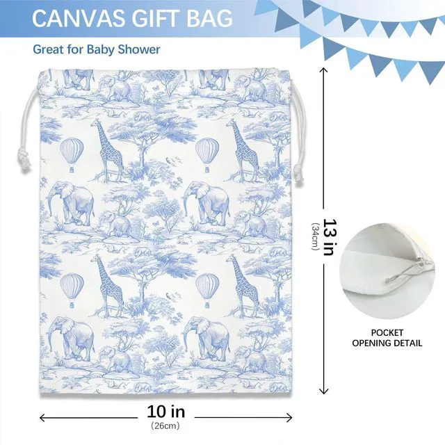 Alt view image 2 of 6 - Blue Chinoiserie Safari Toile Birthday Drawstring Gift Bags, Safari Toile Resuable Baby Shower Drawstring Gift Bags Canvas, Blue and White Small Happy Birthday Bag, 10x13 Inch
