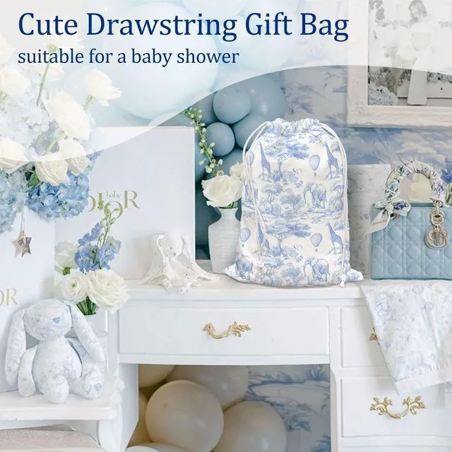 Alt view image 3 of 6 - Blue Chinoiserie Safari Toile Birthday Drawstring Gift Bags, Safari Toile Resuable Baby Shower Drawstring Gift Bags Canvas, Blue and White Small Happy Birthday Bag, 10x13 Inch