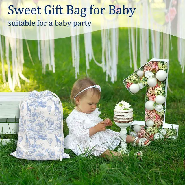 Alt view image 4 of 6 - Blue Chinoiserie Safari Toile Birthday Drawstring Gift Bags, Safari Toile Resuable Baby Shower Drawstring Gift Bags Canvas, Blue and White Small Happy Birthday Bag, 10x13 Inch