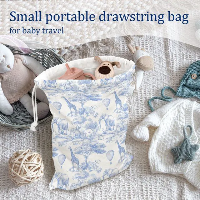 Alt view image 5 of 6 - Blue Chinoiserie Safari Toile Birthday Drawstring Gift Bags, Safari Toile Resuable Baby Shower Drawstring Gift Bags Canvas, Blue and White Small Happy Birthday Bag, 10x13 Inch