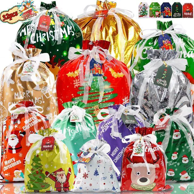 Main image of 32Pcs Drawstring Christmas Bags, Assorted Sizes Large Medium Small | 13 Designs Shiny Aluminum Foil Christmas Bags with 32Pcs Tags, Reusable Material for Gifts Wrapping & Xmas Decorations