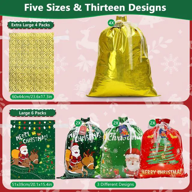 Alt view image 2 of 7 - 32Pcs Drawstring Christmas Bags, Assorted Sizes Large Medium Small | 13 Designs Shiny Aluminum Foil Christmas Bags with 32Pcs Tags, Reusable Material for Gifts Wrapping & Xmas Decorations
